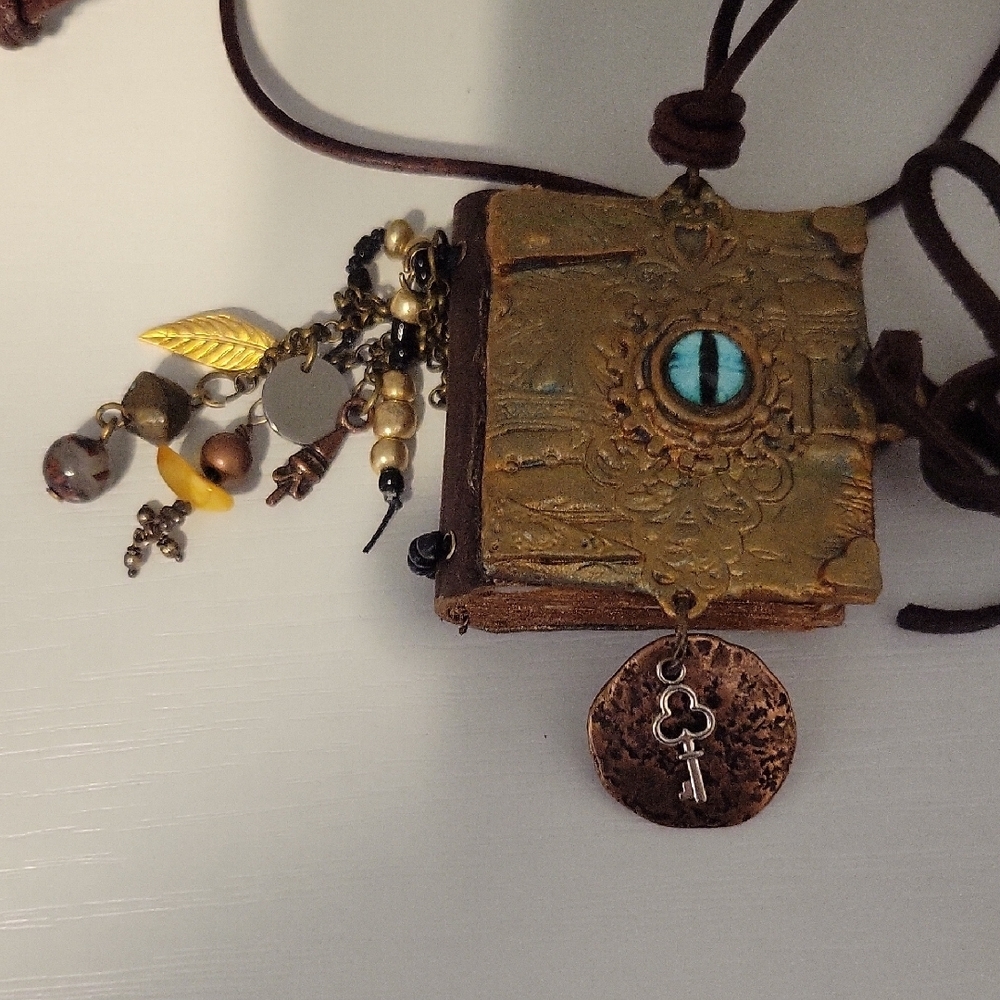 Hand Crafted Whimsy goth Eye notebook Pendant Necklace leather chain